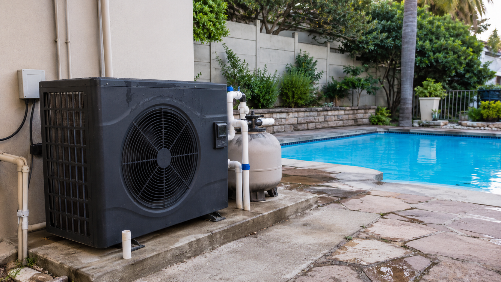 Backyard pool with mechanical equipment