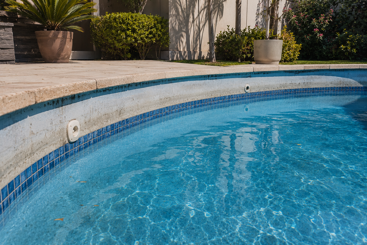 Bright poolside paradise with lush greenery