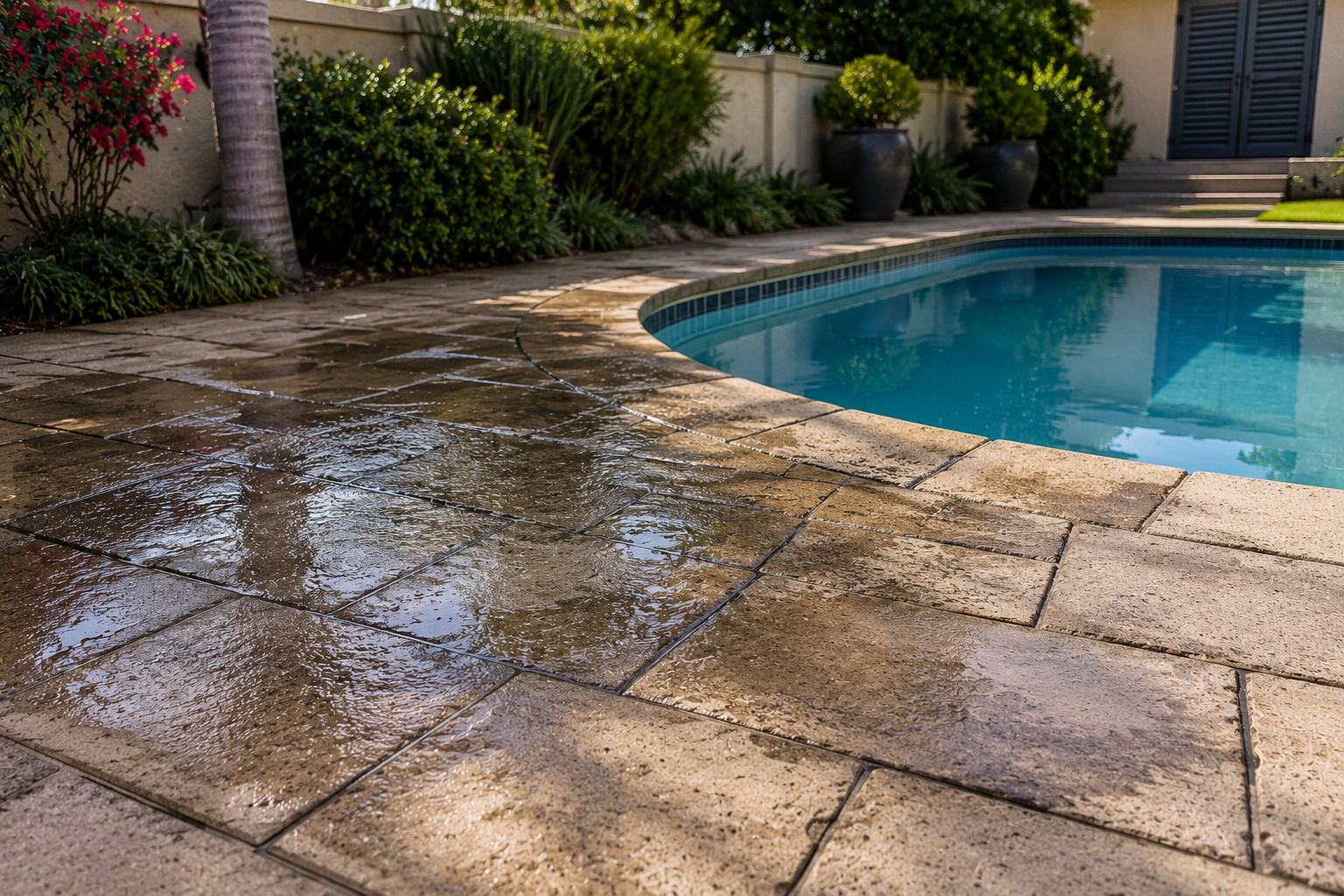 Mediterranean backyard pool and patio