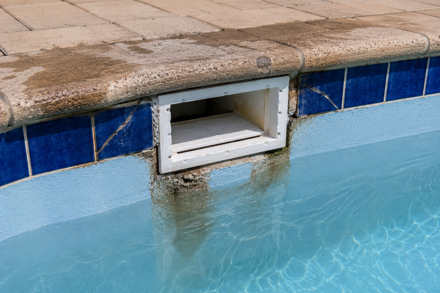 Pool Skimmer and Cracked Blue Tile Edge