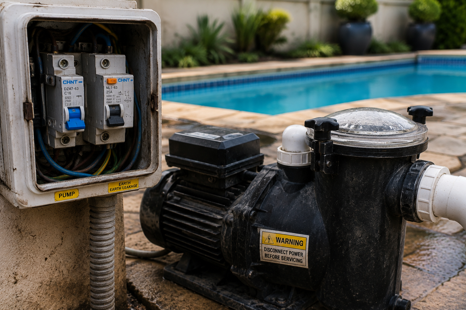 Pool pump and electrical setup close-up