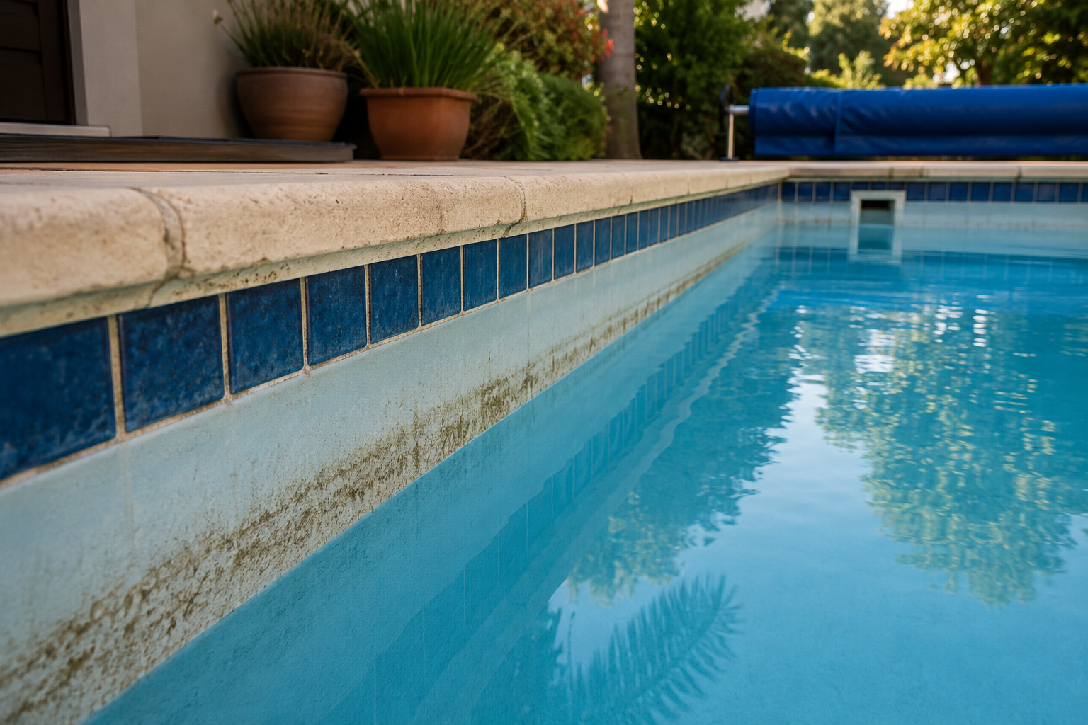 Serene poolside with natural reflections